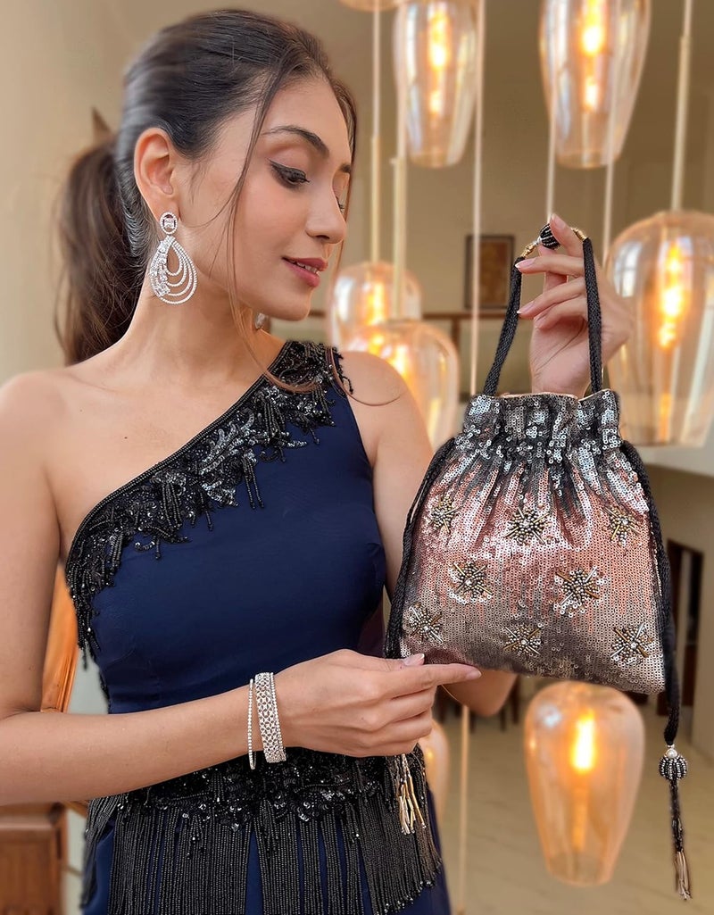 MASQ by Q-One Embroidered Silk Potli Bags - Handcrafted for Weddings, Festive Season & Special Occasions with Beads and Sequins - Made in India - Image 3