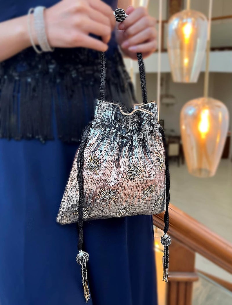MASQ by Q-One Embroidered Silk Potli Bags - Handcrafted for Weddings, Festive Season & Special Occasions with Beads and Sequins - Made in India - Image 4