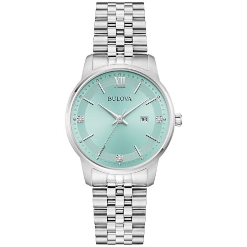 Bulova Ladies Quartz Dress Classic Watch SilverTone Stainless Steel Bracelet Aqua Dial Calendar Style 96P259 - Image 1