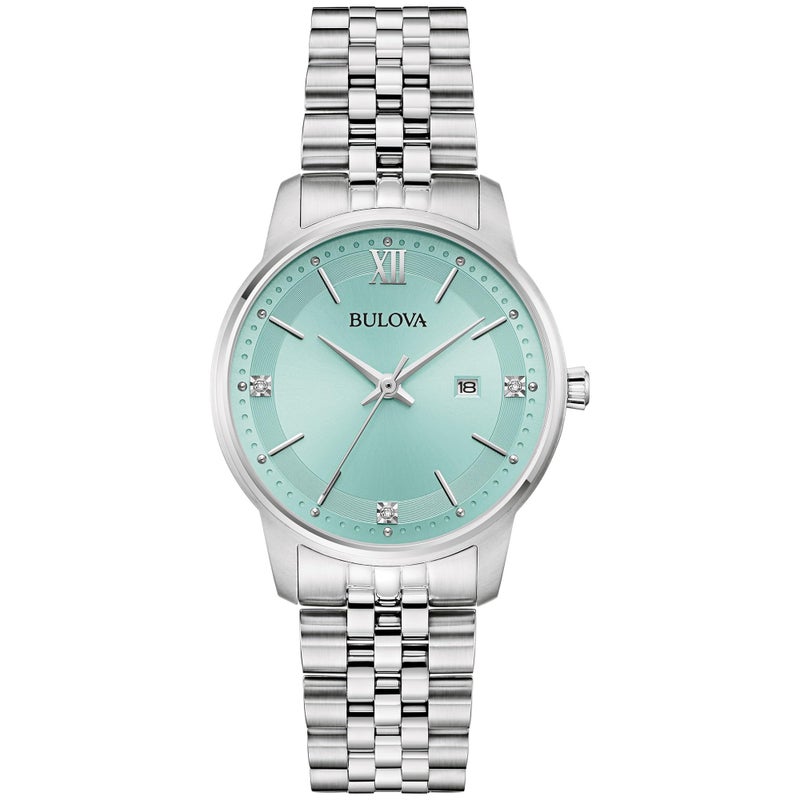 Bulova Ladies Quartz Dress Classic Watch SilverTone Stainless Steel Bracelet Aqua Dial Calendar Style 96P259 - Image 2