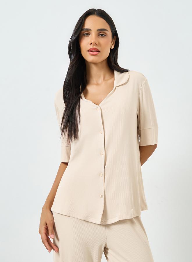 Styli Beige Viscose Ribbed Buttoned Shirt and Pyjama Set - Image 2
