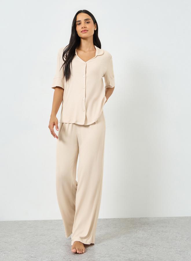 Styli Beige Viscose Ribbed Buttoned Shirt and Pyjama Set - Image 1