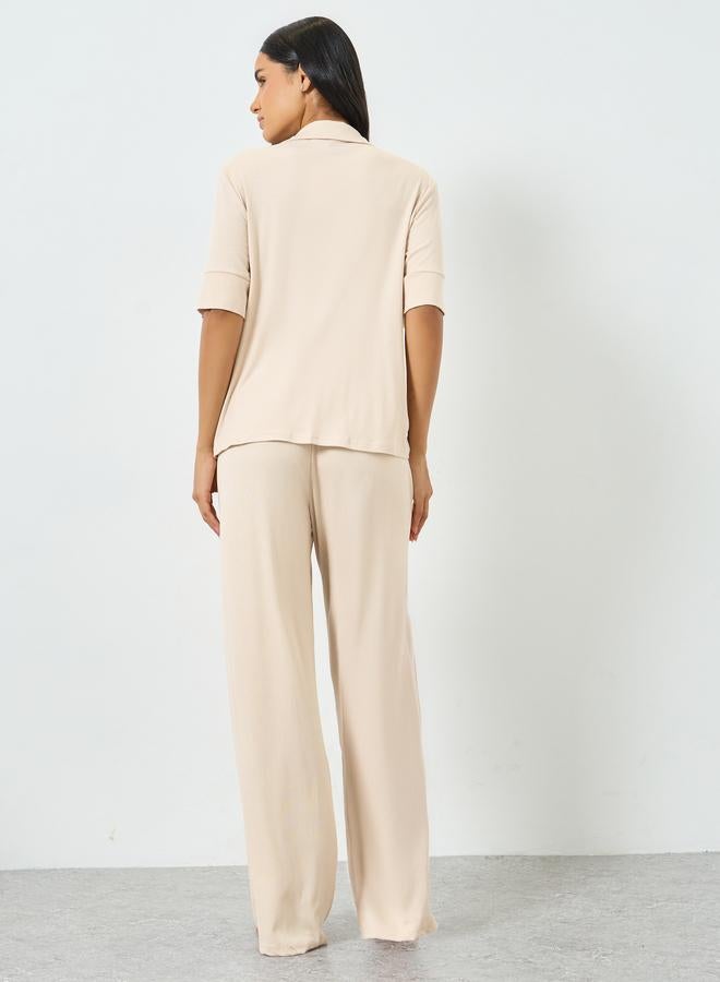 Styli Beige Viscose Ribbed Buttoned Shirt and Pyjama Set - Image 5