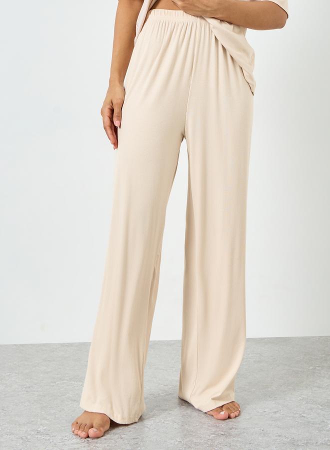 Styli Beige Viscose Ribbed Buttoned Shirt and Pyjama Set - Image 4