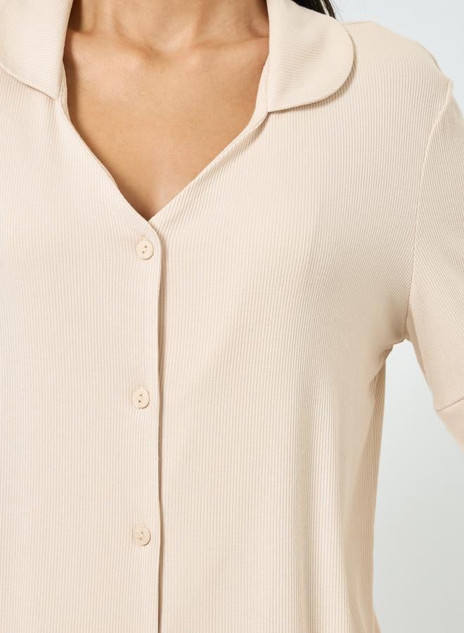 Styli Beige Viscose Ribbed Buttoned Shirt and Pyjama Set - Image 3