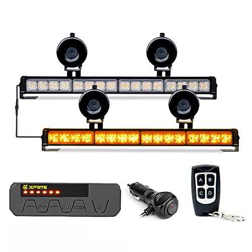 Xprite LED Emergency Traffic Advisor Strobe Dual Light Bar, Deck Windshield Visor Safety Hazard Flashing Lightbars w/Wireless Remote & Control Box, for Law Enforcement Vehicles Trucks - White Green - Image 1