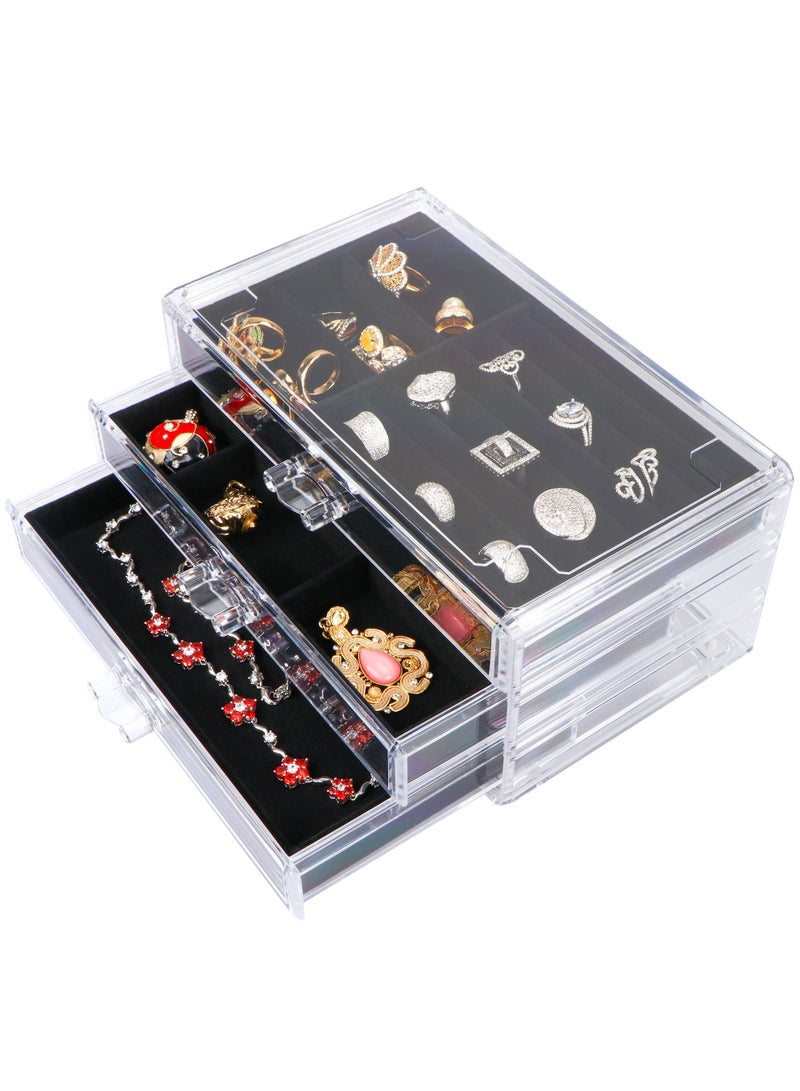 HomarKet Acrylic Jewelry Organizer Box with 3 Drawers Clear Jewelry Boxes for Women Earring Rings Bangle Bracelet and Necklace Holder Storage Velvet Jewelry Display Case - Image 1