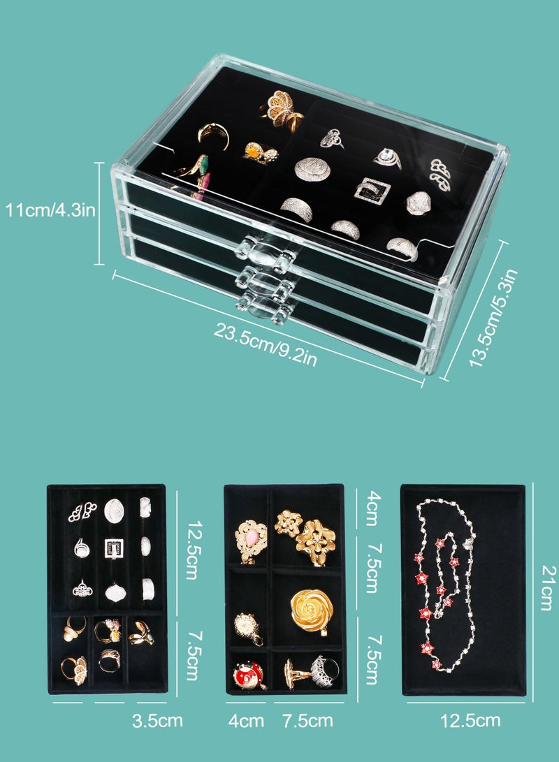 HomarKet Acrylic Jewelry Organizer Box with 3 Drawers Clear Jewelry Boxes for Women Earring Rings Bangle Bracelet and Necklace Holder Storage Velvet Jewelry Display Case - Image 2