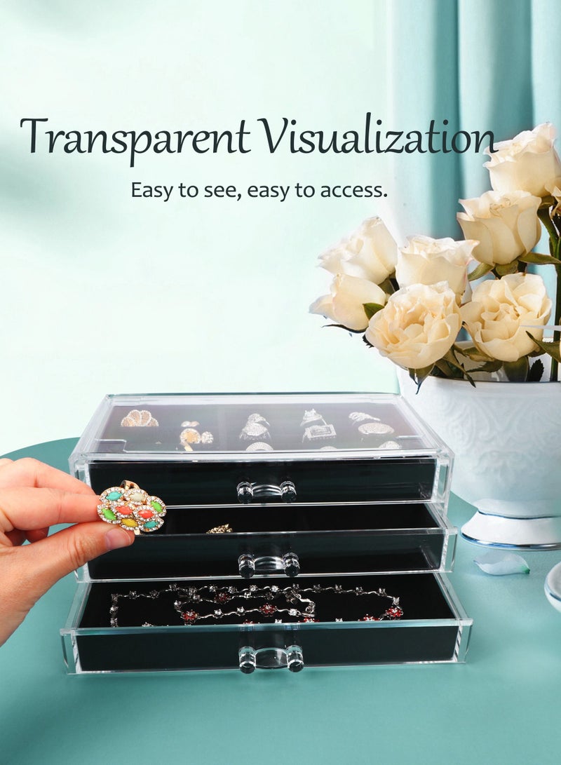 HomarKet Acrylic Jewelry Organizer Box with 3 Drawers Clear Jewelry Boxes for Women Earring Rings Bangle Bracelet and Necklace Holder Storage Velvet Jewelry Display Case - Image 3