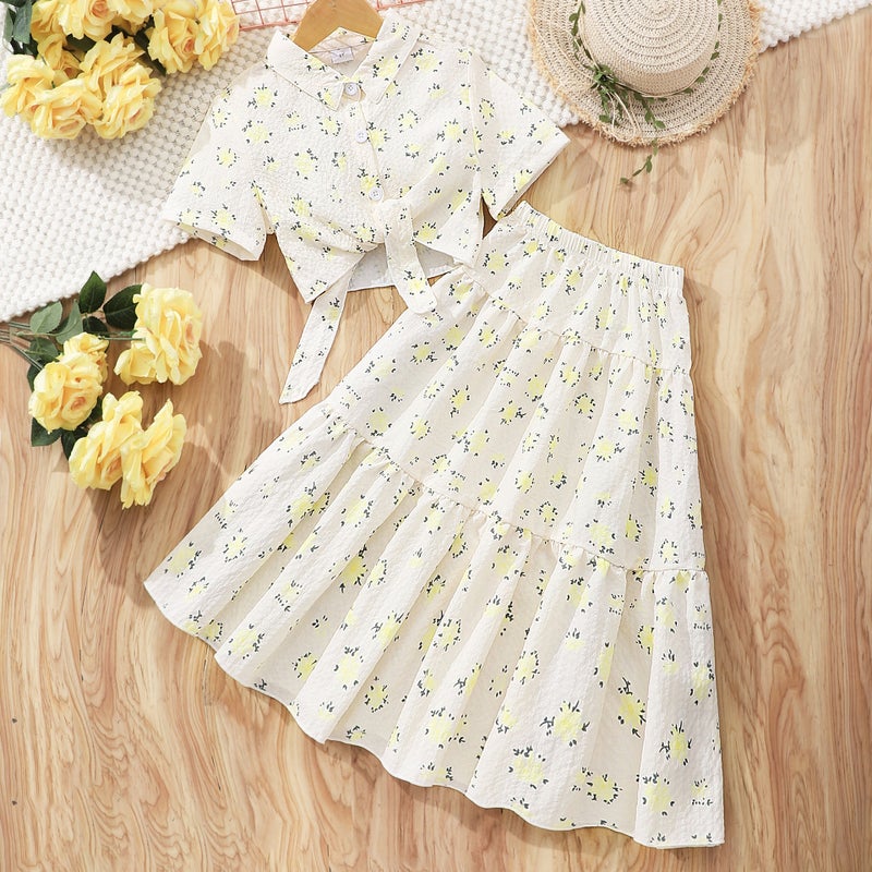 Cross-border new girls short sleeve lapel flower printed skirt suit a generation of hair Apricot