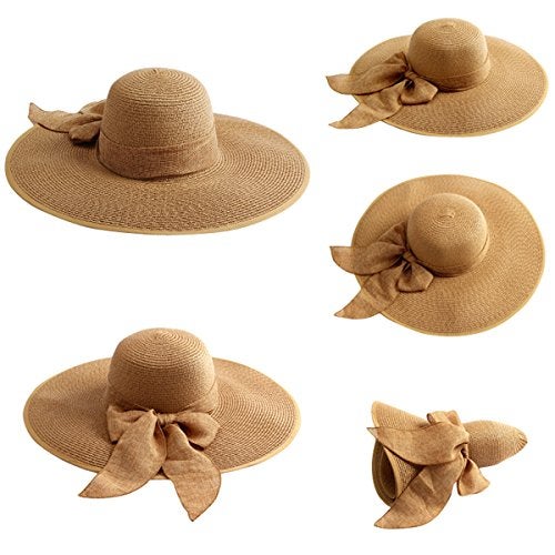 Lanzom Womens 5.5 Inches Big Bowknot Straw Hat Large Floppy Foldable Roll up Beach Cap Sun Hat UPF 50+One size(Khaki) - Image 2