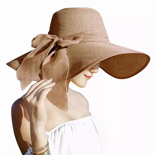 Lanzom Womens 5.5 Inches Big Bowknot Straw Hat Large Floppy Foldable Roll up Beach Cap Sun Hat UPF 50+One size(Khaki) - Image 1