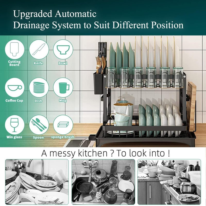 Glaceon 2 Tier Dish Drying Rack Plate Drainer Cutlery Holder Kitchen Organizer Storage Black1 - Image 5