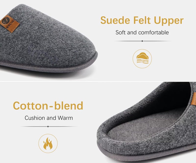 ONCAI Men's House Slippers Size 9 Memory Foam Cotton-Blend Slip-On Pantuflas Hombres Warm Cozy Scuff Home Felt Grey Bedroom Shoes with Wide Width Indoor/Outdoor Washable Rubber Soles - Image 5