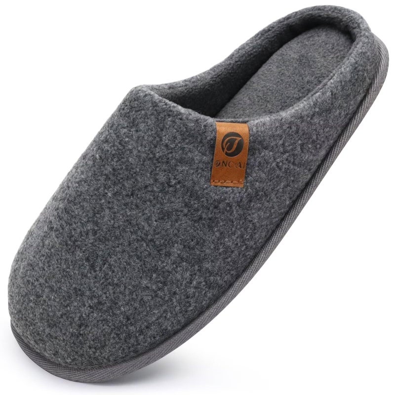 ONCAI Men's House Slippers Size 9 Memory Foam Cotton-Blend Slip-On Pantuflas Hombres Warm Cozy Scuff Home Felt Grey Bedroom Shoes with Wide Width Indoor/Outdoor Washable Rubber Soles - Image 1