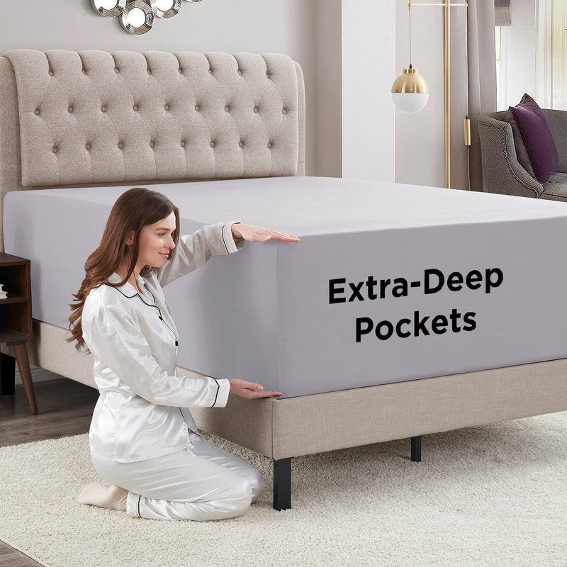 Empyrean Bedding Empyrean Grey Lavender Extra Deep Pocket King Fitted Sheet Only, Hotel Luxury King Size Fitted Sheets Easily Fits 18 to 24 Inch Mattress, Super Soft, Wrinkle-Free Bottom Sheets with Corner Straps - Image 3