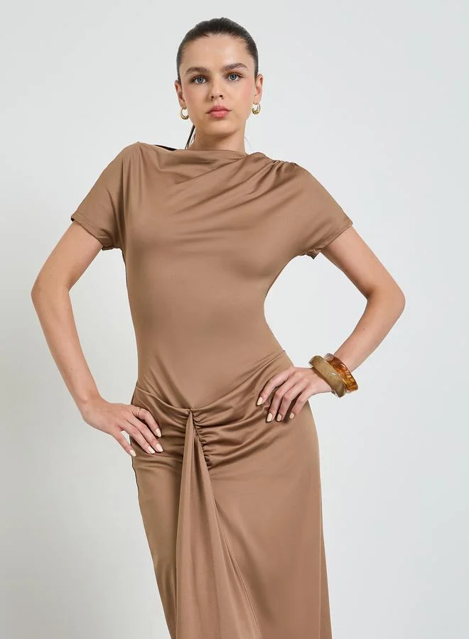 Take Two Brown Short Sleeve Tie-Up Details Ruched Bodycon Maxi Dress