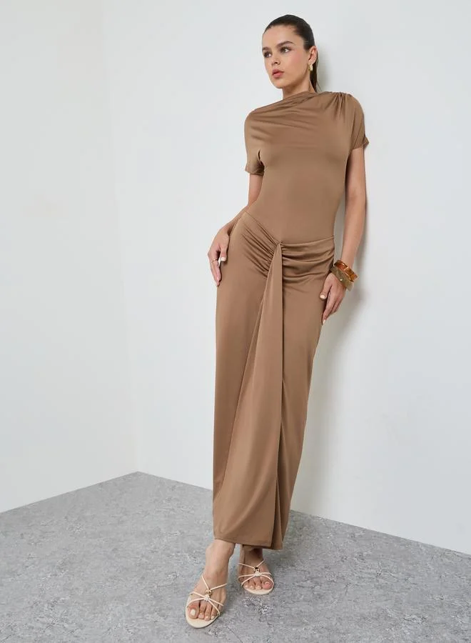 Take Two Brown Short Sleeve Tie-Up Details Ruched Bodycon Maxi Dress
