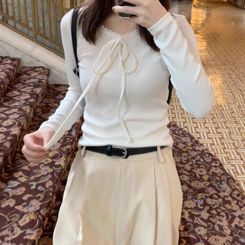 White Lace Collar Bow Chic Ballet Style Long-Sleeved T-Shirt For Women In With Fashionable And Versatile Slim Fit - Image 2