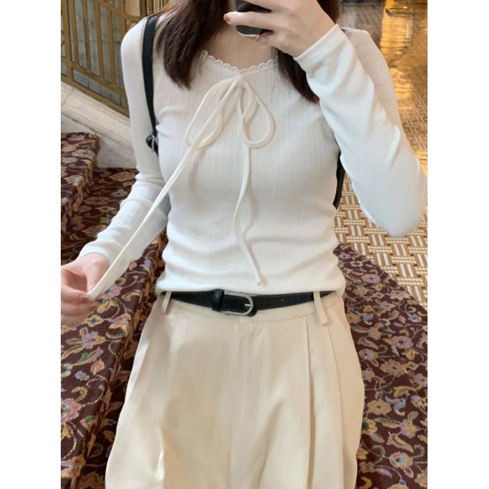 White Lace Collar Bow Chic Ballet Style Long-Sleeved T-Shirt For Women In With Fashionable And Versatile Slim Fit - Image 1