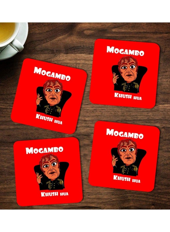 ASHVAH Mogambo khush Hua Print Designer Handmade Wooden Coaster Set for Home Kitchen, Office Desk - Set of 4 - Square: 10cm - Image 1