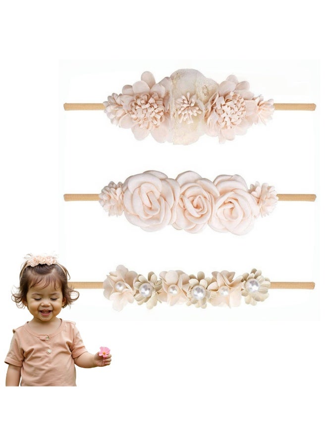 نوفولان طقم عصابات رأس مزينة بالزهور للرضيعات (3 قطع) - إكسسوارات شعر من النايلون فائق النعومة والمرونة للمواليد والرضع - عصابات رأس بيج جذابة بتصاميم زهرية - فيونكات شعر مناسبة لحفلات استقبال المولود وجلسات التصوير والاستخدام اليومي - Image 1