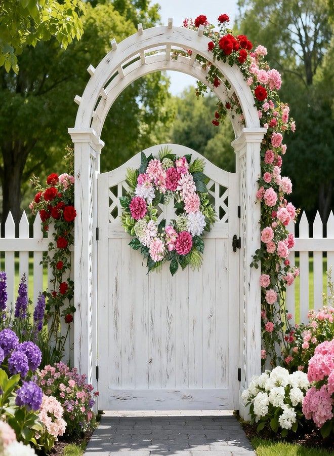 MDSTBN 24-Inch Spring Wreath for Front Door with Hydrangeas Dahlias Daisy Silk Flowers and Berry Greenery for All Seasons Indoor Outdoor Wedding Farmhouse Porch Wall Living Room Home Wedding Decor - Image 3