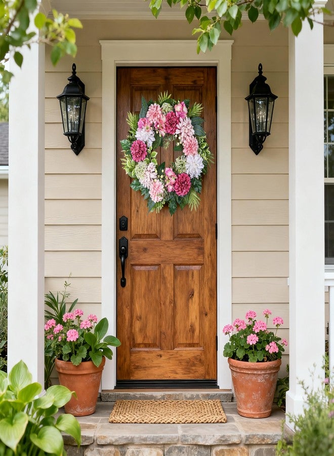 MDSTBN 24-Inch Spring Wreath for Front Door with Hydrangeas Dahlias Daisy Silk Flowers and Berry Greenery for All Seasons Indoor Outdoor Wedding Farmhouse Porch Wall Living Room Home Wedding Decor - Image 4