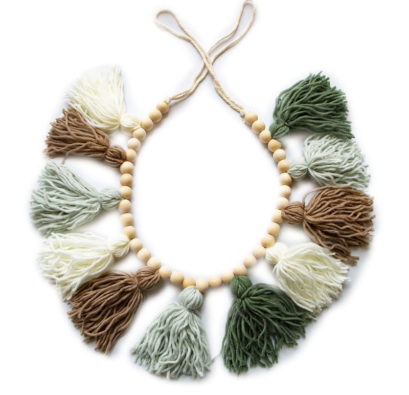 Decocove Tassel Garland  Boho Tassel Garland with Wood Beads  Wall Decor for Dorm Girls Room and Nursery Room  Olive Green 36 inch