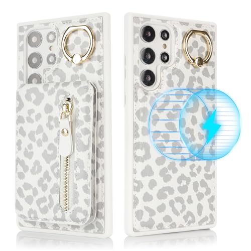 DEYHU for Samsung Galaxy S23 Ultra Phone case with Card Holder with Compatible magsafe Magnetic, Key Chain PU Leather Flip Kickstand Detachable 2-in-1 Wallet case Women Men-White Leopard - Image 3