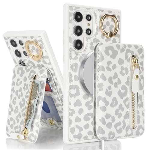 DEYHU for Samsung Galaxy S23 Ultra Phone case with Card Holder with Compatible magsafe Magnetic, Key Chain PU Leather Flip Kickstand Detachable 2-in-1 Wallet case Women Men-White Leopard - Image 1
