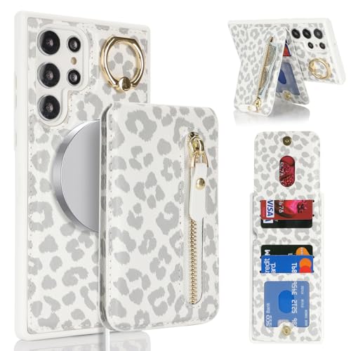 DEYHU for Samsung Galaxy S23 Ultra Phone case with Card Holder with Compatible magsafe Magnetic, Key Chain PU Leather Flip Kickstand Detachable 2-in-1 Wallet case Women Men-White Leopard - Image 4