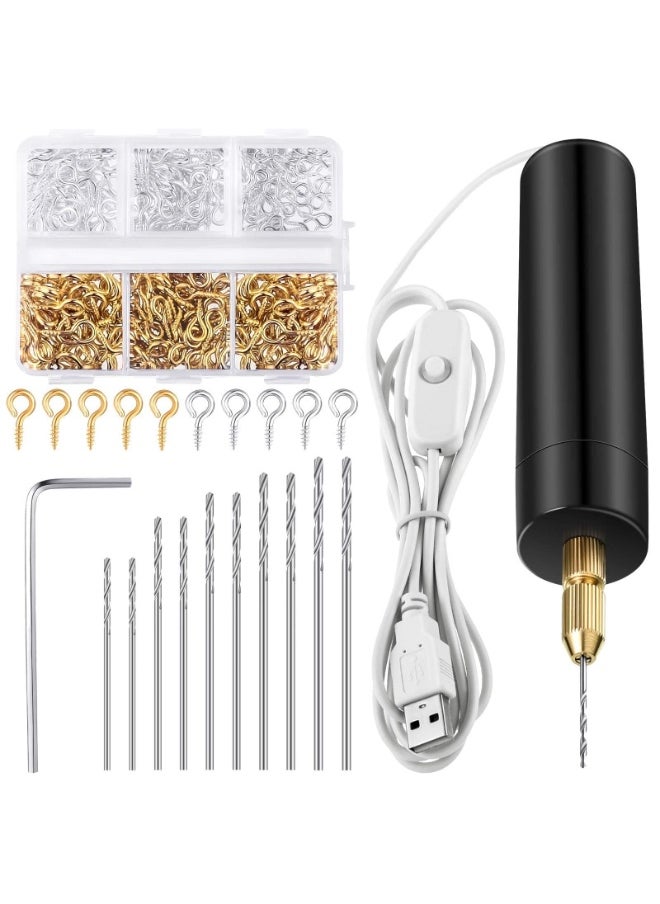 Electric Resin Drill Set, Including 300 Gold Silver Eye Screws, 10 Twist Drill Bits Tools, Electric Mini Drill with Wrench Hex Pin Vise for Resin Casting Molds DIY Keychains Crafts Maki  - Image 1