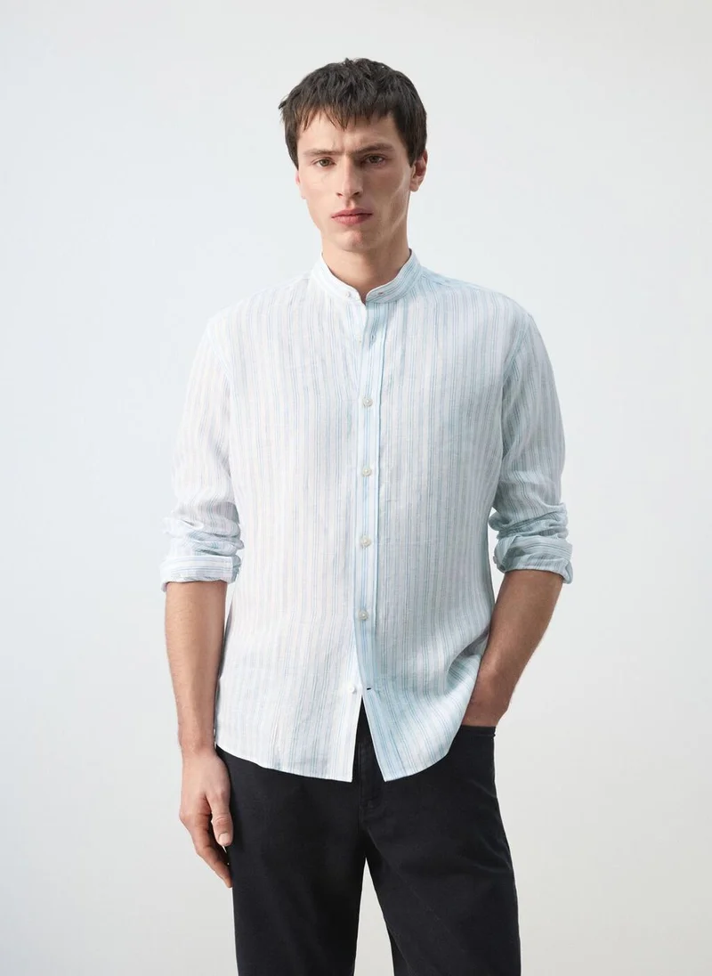 Mango Man 100% linen striped grandad collar shirt