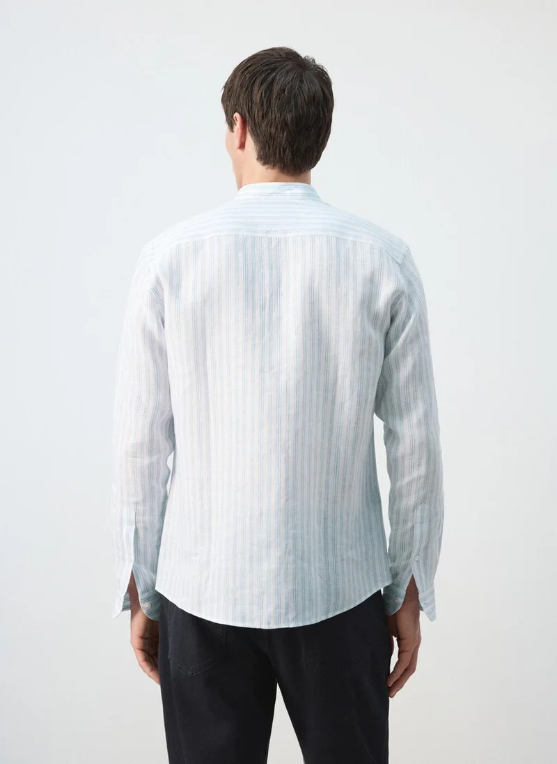 Mango Man 100% linen striped grandad collar shirt
