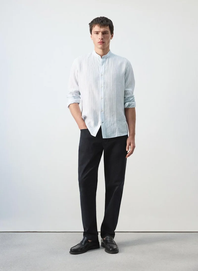 Mango Man  100% linen striped grandad collar shirt for Men | Best Price UAE