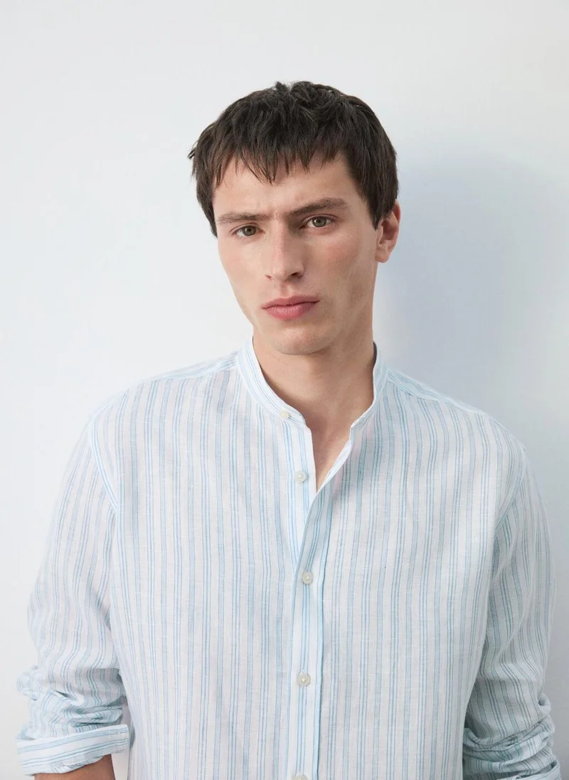 Mango Man  100% linen striped grandad collar shirt for Men | Best Price UAE