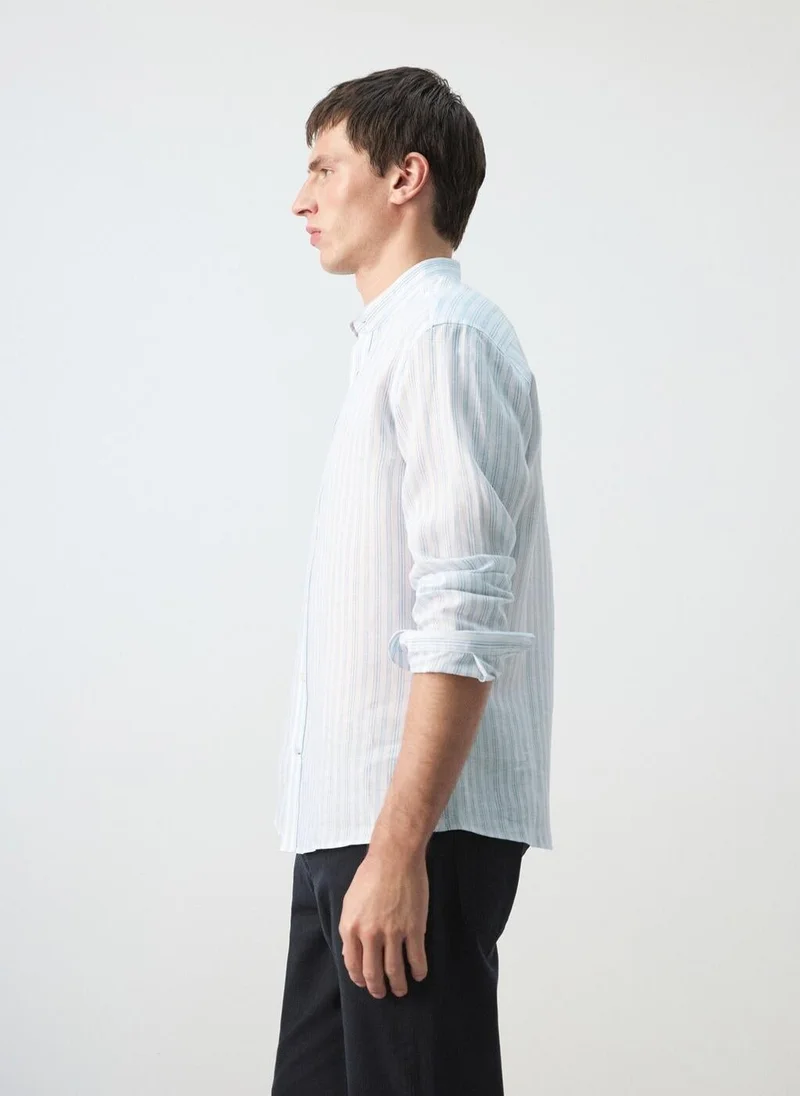 Mango Man  100% linen striped grandad collar shirt for Men | Best Price UAE