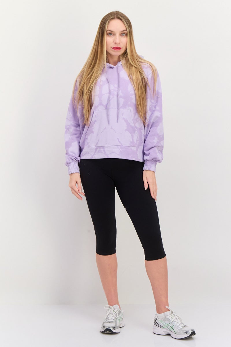 Women Allover Print Long Sleeves Hooded Sweatshirt, Lavender