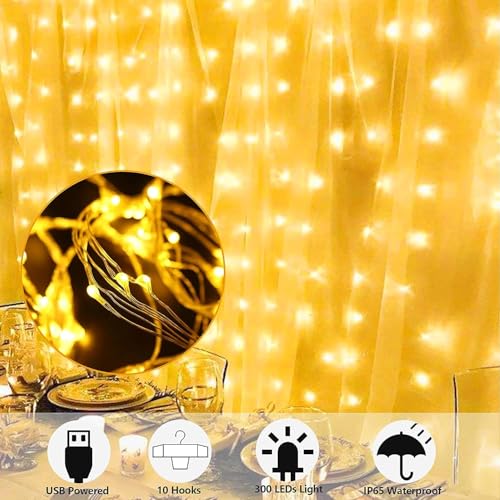 MIRADH 300 LED Fairy Curtain String Lights 9.8Ftx9.8Ft – USB Powered Remote-Controlled Backdrop, Warm Ambience for Diwali, Navratri, Christmas & New Year Décor, (Yellow) - Image 3