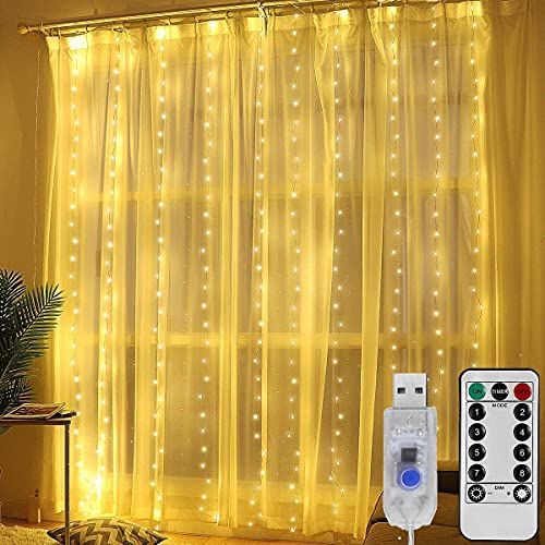 MIRADH 300 LED Fairy Curtain String Lights 9.8Ftx9.8Ft – USB Powered Remote-Controlled Backdrop, Warm Ambience for Diwali, Navratri, Christmas & New Year Décor, (Yellow) - Image 1