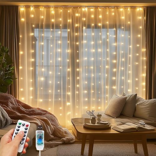 MIRADH 300 LED Fairy Curtain String Lights 9.8Ftx9.8Ft – USB Powered Remote-Controlled Backdrop, Warm Ambience for Diwali, Navratri, Christmas & New Year Décor, (Yellow) - Image 2