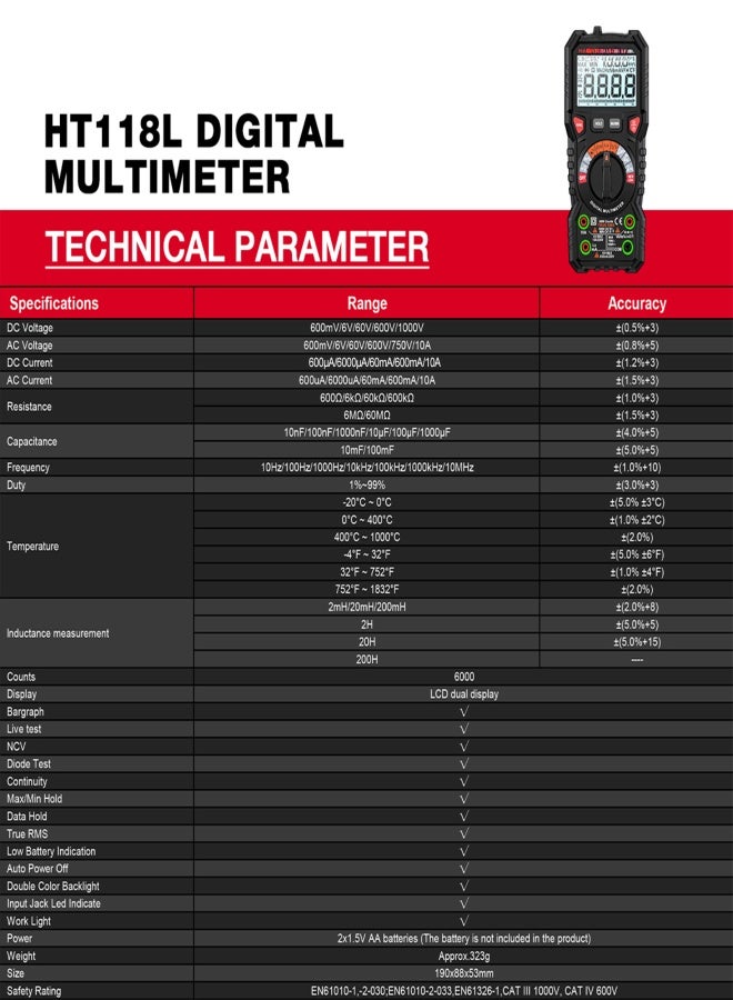 هابوتيست جهاز قياس متعدد رقمي HABOTEST HT118L، 6000 عد، قياس التيار المتردد/المستمر RMS الحقيقي، كشف التيار المباشر، اختبار الترانزستور، مقياس الفولت، مقياس السعة - Image 4