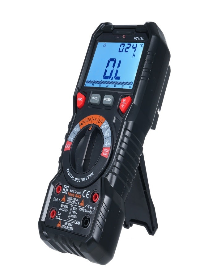 هابوتيست جهاز قياس متعدد رقمي HABOTEST HT118L، 6000 عد، قياس التيار المتردد/المستمر RMS الحقيقي، كشف التيار المباشر، اختبار الترانزستور، مقياس الفولت، مقياس السعة - Image 1