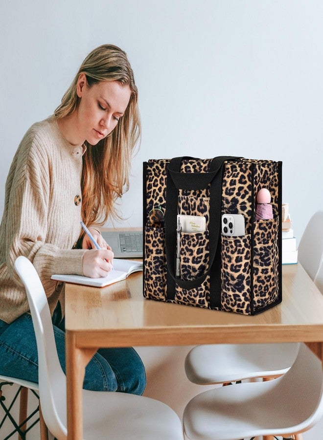Becokan Large Tote Bag for Women Waterproof with 12 Pockets Top Zipper Closure Utility Teacher Nurse Bags for Work School, Leopard, Medium - Image 2