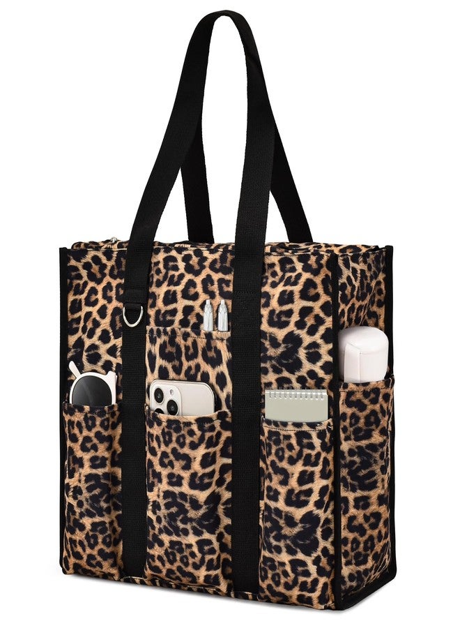 Becokan Large Tote Bag for Women Waterproof with 12 Pockets Top Zipper Closure Utility Teacher Nurse Bags for Work School, Leopard, Medium - Image 1