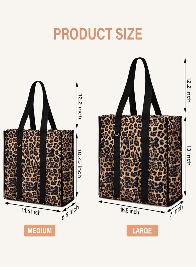Becokan Large Tote Bag for Women Waterproof with 12 Pockets Top Zipper Closure Utility Teacher Nurse Bags for Work School, Leopard, Medium - Image 5