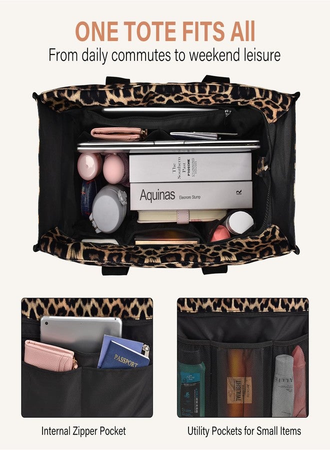 Becokan Large Tote Bag for Women Waterproof with 12 Pockets Top Zipper Closure Utility Teacher Nurse Bags for Work School, Leopard, Medium - Image 3