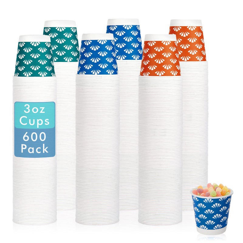 JollyPack 600 Pack 3 oz Disposable Bathroom Paper Cups  Small Mouthwash Cups in Orange  Blue  and Green  Great for Candy  Biscuits  Bathroom Use  Parties  Picnics  and Travel - Image 1