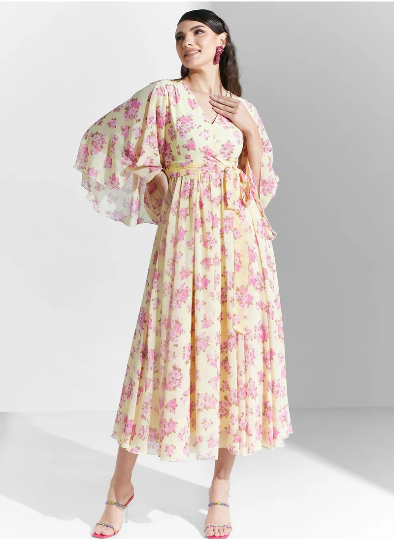 جولدن ابل V Neck  Floral Printed Dress
